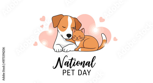 A heartwarming vector design celebrates National Pet Day, showing a dog affectionately resting its head on a cat against a backdrop of soft pink hearts, promoting pet care awareness