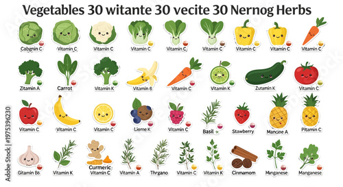 Cute cartoon illustration of various vegetables, fruits, and herbs with their associated vitamins and minerals.
