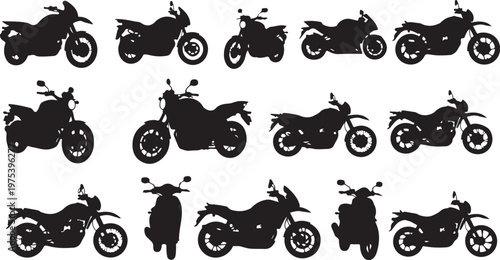 Collection of various motorcycle silhouettes on white background