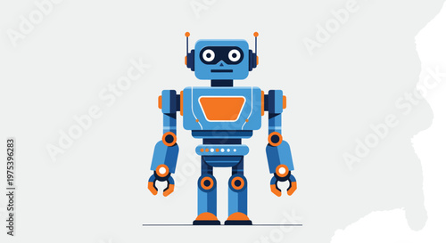 Blue And Orange Pixel Art Robot Vector Illustration On Light Gray Background