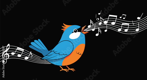Blue And Orange Bird Singing Musical Notes Pixel Art Illustration Black Background