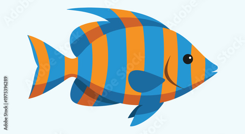 Blue And Orange Striped Tropical Fish Vector Illustration On Light Blue