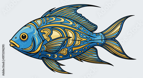 Blue And Gold Patterned Tropical Fish Illustration On Grey Background