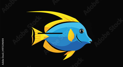 Blue And Yellow Fish Pixel Art Isolated On Black Background Vector