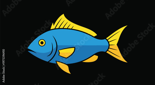 Blue And Yellow Fish Flat Design Isolated Vector On Black Background