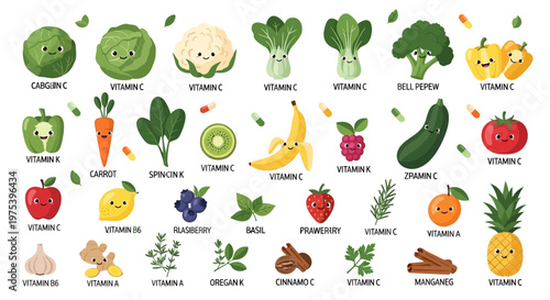 Educational infographic showing various fruits, vegetables, and herbs with their corresponding vitamins and nutrients in a cute cartoon style.