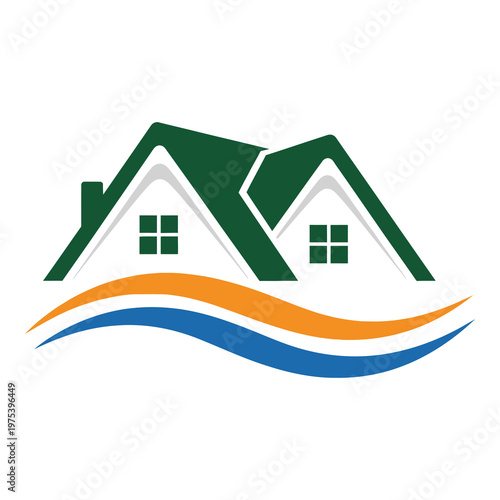 Green roof house with wavy lines and white background icon