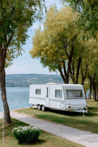 Caravan parked by a lake exploring nature travel and camping
