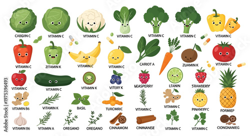 Collection of cute cartoon fruits, vegetables, herbs, and spices with their associated vitamins and nutrients.
