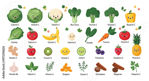 A vibrant collection of cute cartoon fruits, vegetables, herbs, and spices, each labeled with their primary vitamin or mineral content, set against a white background.