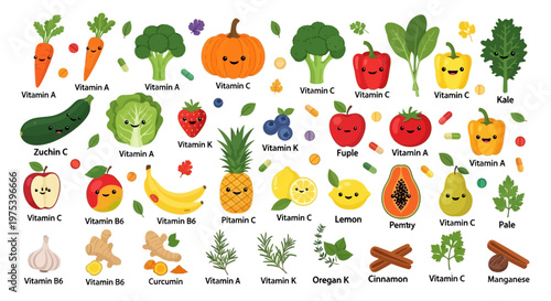 Cute cartoon fruits, vegetables, and herbs with happy faces, labeled with their respective vitamins and minerals, illustrating healthy eating.