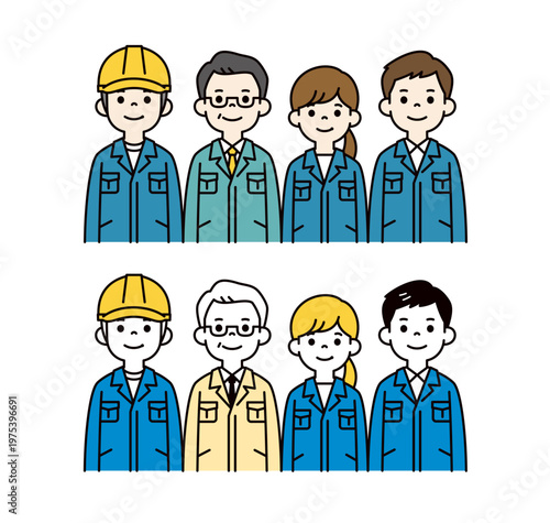 工場で働く、作業着の複数の男女の社員・従業員・作業員の上半身ベクターイラスト素材セット