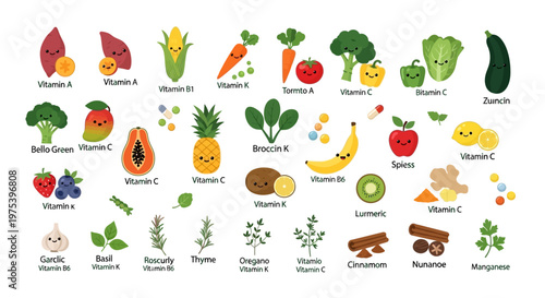 Cute cartoon fruits, vegetables, and herbs illustrating various vitamins and essential nutrients for a healthy diet.