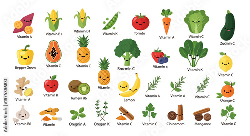 Cute cartoon fruits, vegetables, and spices illustrating essential vitamins and minerals for a healthy diet.