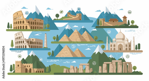 Flat design illustration showcasing famous world landmarks and ancient wonders across a stylized global landscape with mountains.