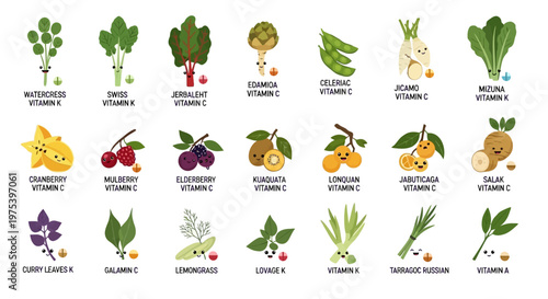 A vibrant collection of illustrated fruits, vegetables, and herbs, each with a cute face, showcasing their primary vitamin content like A, C, and K.