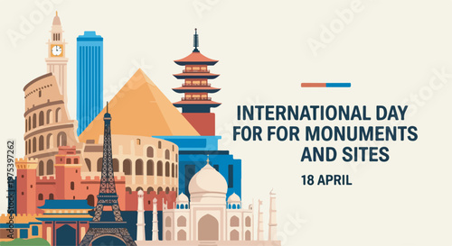 International Day for Monuments and Sites banner with famous global landmarks in flat design.