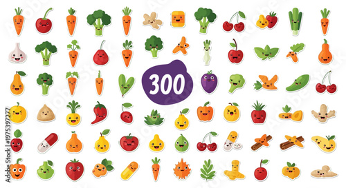A large collection of 300 cute cartoon fruits and vegetables with smiling faces, including carrots, broccoli, cherries, apples, and peppers, on a white background.