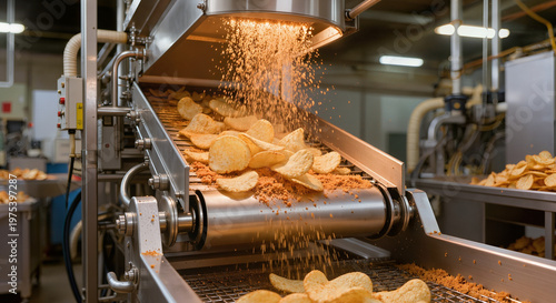 Industrial Food Factory Producing Fresh Potato Chips on Conveyor Belt with Modern Equipment