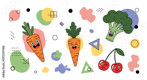 Cute cartoon vegetables and fruits with happy faces surrounded by abstract colorful geometric shapes on a white background, playful illustration.