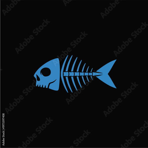 Blue Fish Skeleton Flat Design Icon on Black Background Minimal Illustration