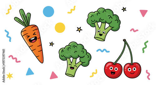 Cute cartoon vegetables and fruits with happy faces, including a carrot, broccoli, and cherries, surrounded by colorful confetti and shapes on a white background.
