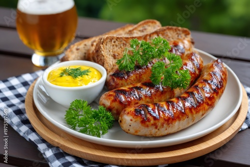 Grilled bratwurst sausages serving with mustard, bread, and beer
