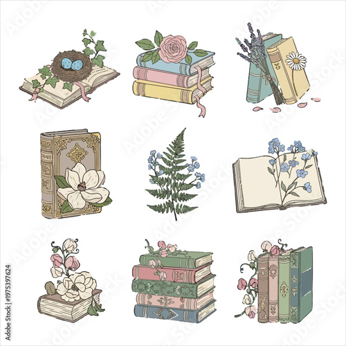 Vintage floral book illustrations set with pressed flowers and ferns in hand drawn style for literary aesthetics and botanical journal scrapbooking art