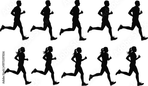 Silhouette collection of men and women running in various jogging poses for marathon training, fitness, health, sports and athletic designs.