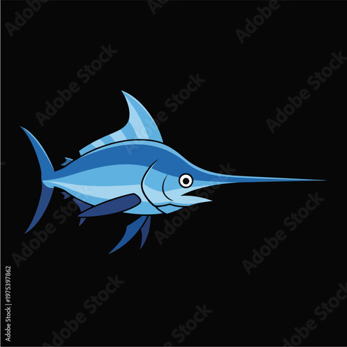 Blue Marlin Swordfish Pixel Art Isolated Object On Black Background