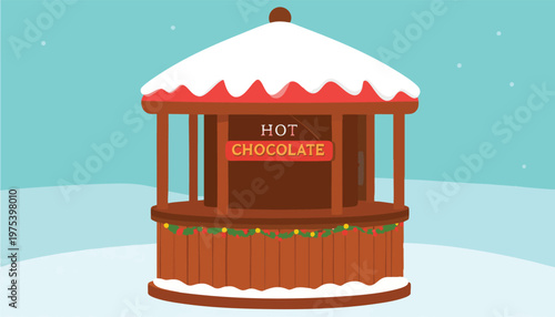 Charming Winter Hot Chocolate Stand in Snowy Landscape.