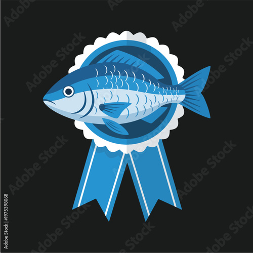 Blue Pixel Art Fish Badge With Ribbons On Dark Background Isolated Object