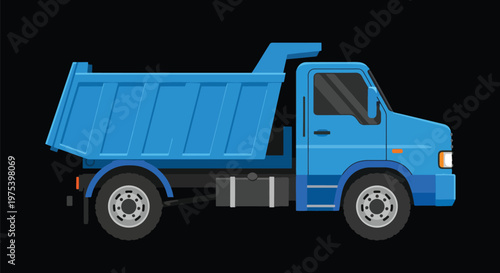 Blue Pixel Art Dump Truck Isolated On Black Background Flat Design