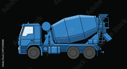 Blue Pixel Art Concrete Mixer Truck Isolated On Black Background