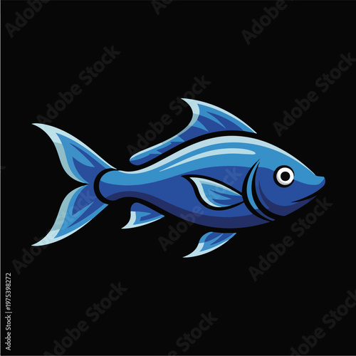Blue Pixel Art Fish Isolated On Black Background Isolated Object