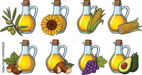 Artistic illustration of olive oil bottles with fresh produce and botanical elements