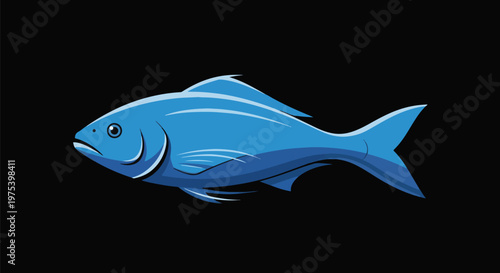 Blue Pixel Art Fish Isolated On Black Background Vintage 8 Bit Style