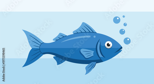 Blue Pixel Art Fish Swimming In Light Blue Water With Bubbles Vector