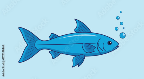 Blue Pixel Art Fish Swimming In Light Blue Water With Bubbles Vector