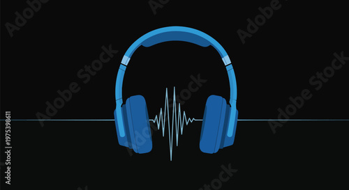 Blue Pixel Art Headphones With Sound Wave On Black Background