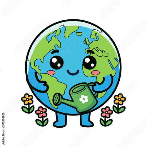 Cute Happy Earth Globe Character Sticker Watering Green Plant Sprout Sticker