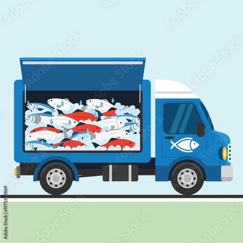 Blue Pixel Art Truck Filled With Fish On Light Blue Background Vector