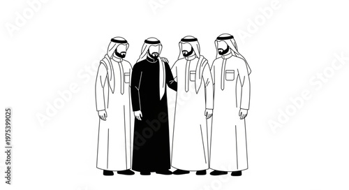 Four Arab men in traditional attire, standing together, monochrome image.