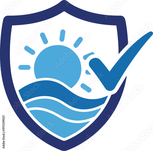 Blue Shield With Sun And Ocean Waves Checkmark Protection Icon Logo Vector Isolated