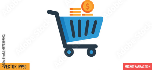 Blue Shopping Cart With Gold Coins Flat Vector Icon Illustration White Background