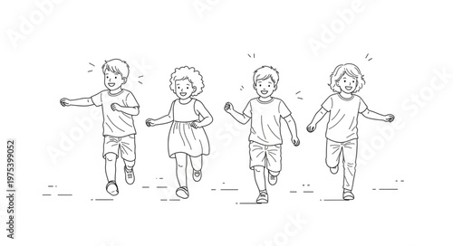 Four Children Running Joyfully in a Line.