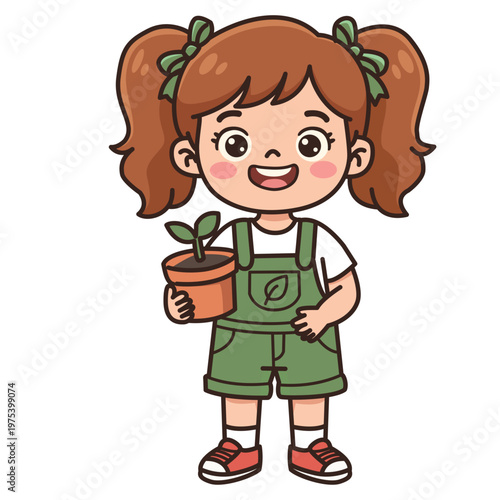 Cute Eco Girl Holding Small Plant Sprout Sticker