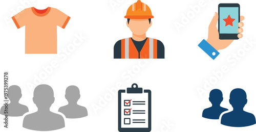 Construction worker icons set illustrating safety teamwork and modern technology in building