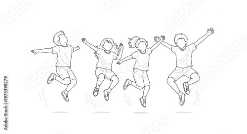 Four happy children jumping in the air with joy.