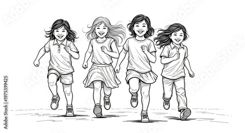 Four happy children running and playing together in the sunshine.